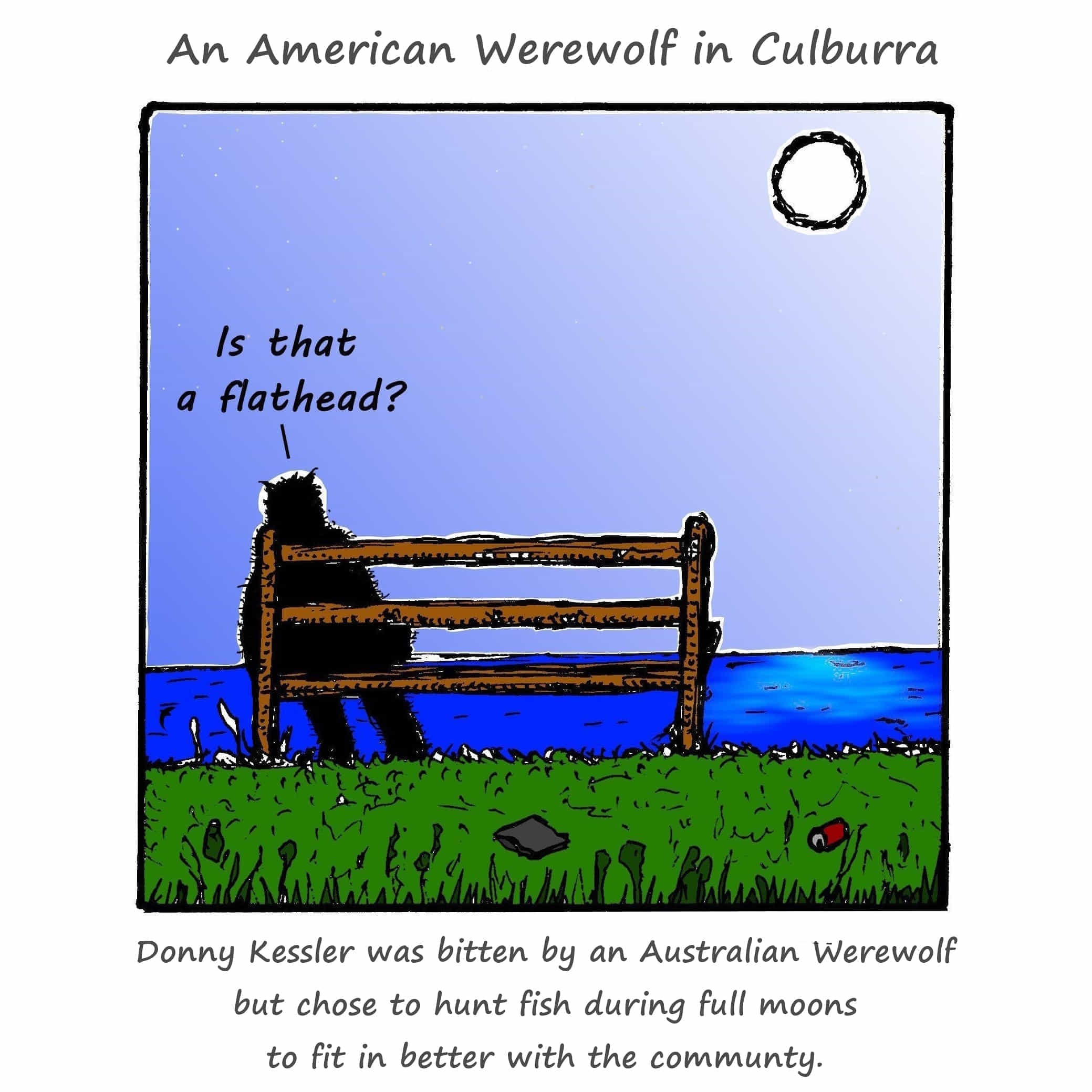 Werewolf sitting on park bench at night